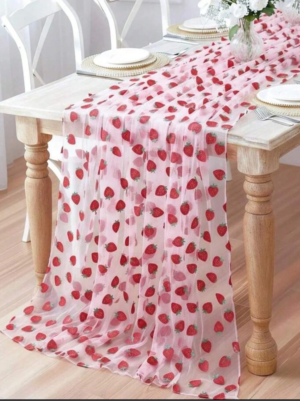 4 Strawberry Print Sparkly Tulle Table Runner